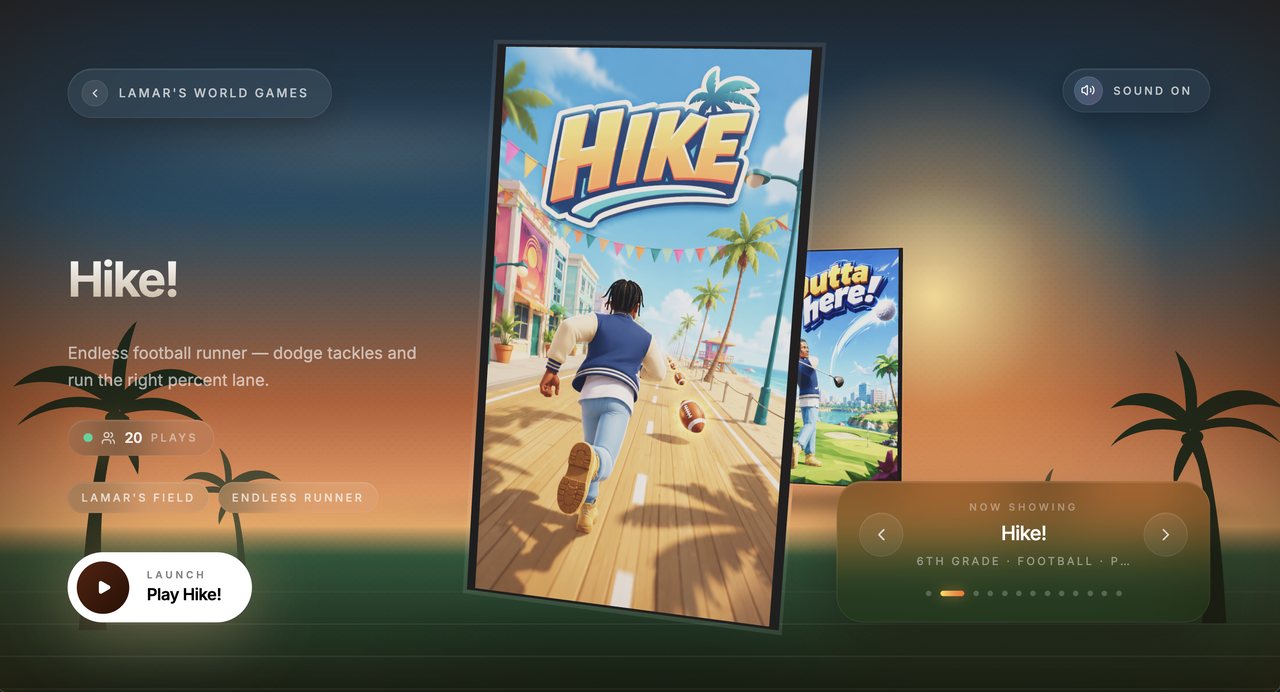 Lamar’s World Games — the Hike! endless football runner on screen, with more games in the carousel behind it.