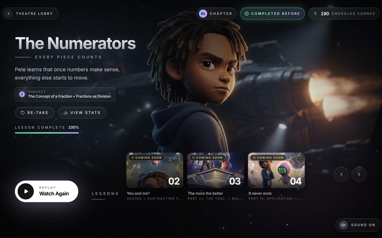 The Numerators — a cinematic Klassy lesson with chapters, and a lesson-complete screen showing Emeralds earned.