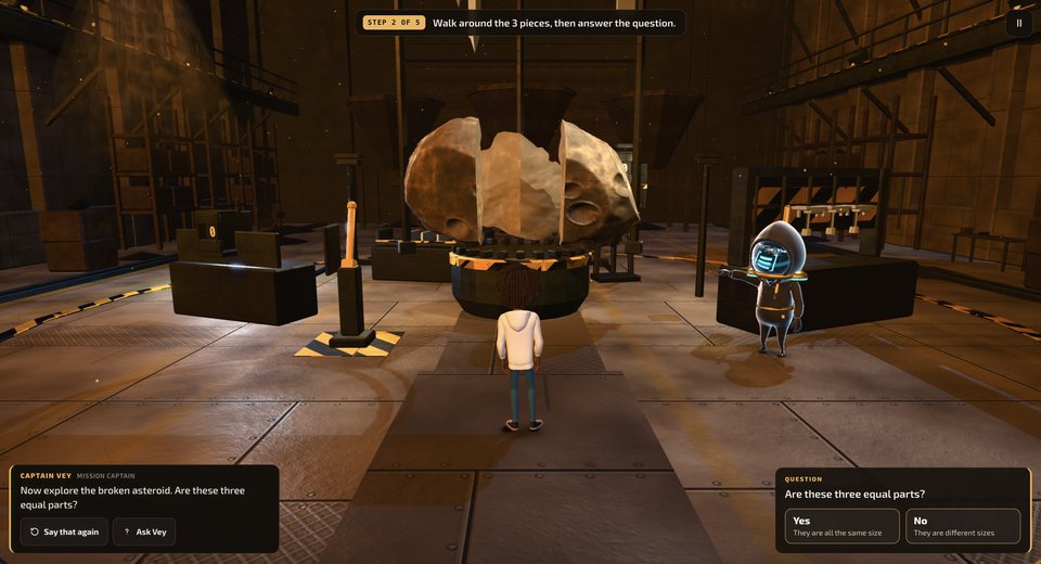 A 3D mission in Lamar’s world — a student walks around a broken asteroid while Captain Vey, the mission captain, asks whether the three pieces are equal parts.